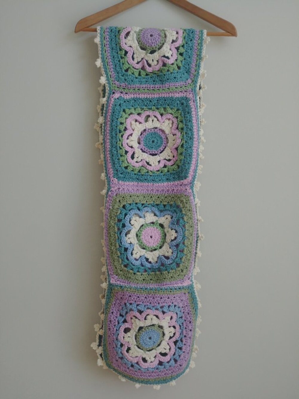 Handmade crochet thick table runner purple blue and green